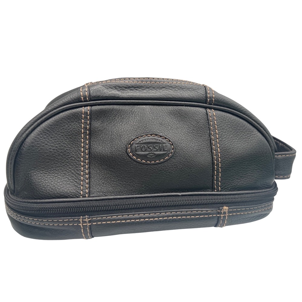 Fossil Black Pebbled Leather Dopp Kit Toiletry Bag Travel Case‎ Dual Compartment